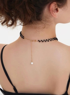 可抽拉式黑色锆石锁骨链