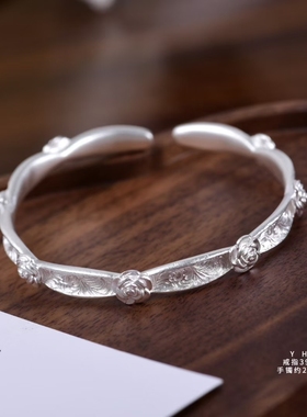 纯银好精致的玫瑰唐草纹银手镯戒指自带千金感太温柔噜雪花银熟银