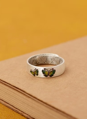 纯银珐琅彩戒指/吉祥美好/雪花银西双版纳傣家熟银食用银