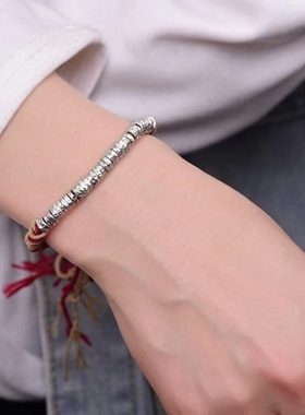 纯银钱串子手工锤纹盘缠手链/财源滚滚/好运连连/雪花银傣家熟银