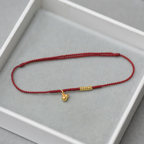 足金999小葫芦黄金金珠本命年纯手工编织精致红绳可调节手链脚链 - 图0