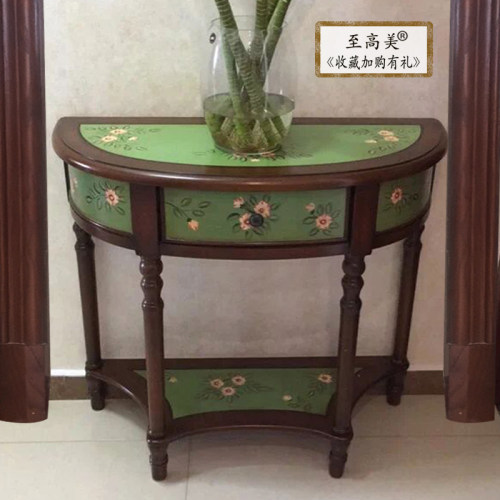 进门美式彩绘玄关柜复古绿玄关桌半圆桌客厅边桌入户装饰柜胡桃色 - 图2