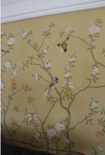 真丝手绘工笔花鸟电视沙发玄关背景丝绸墙壁纸silk wallpaper - 图1