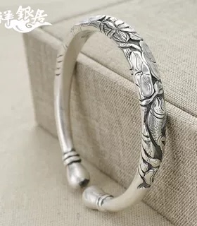 民族时尚风莲花蒜头银手镯