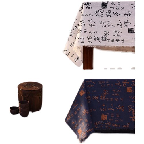 棉麻中国风书法桌布中式禅意茶几盖布复古仿古台布摄影拍照背景布 - 图3