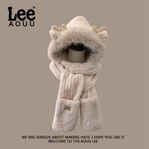 Aouu Lee winter small deer antlers furry warm protective ear double layer thickened scarf gloves integrated cap child tide