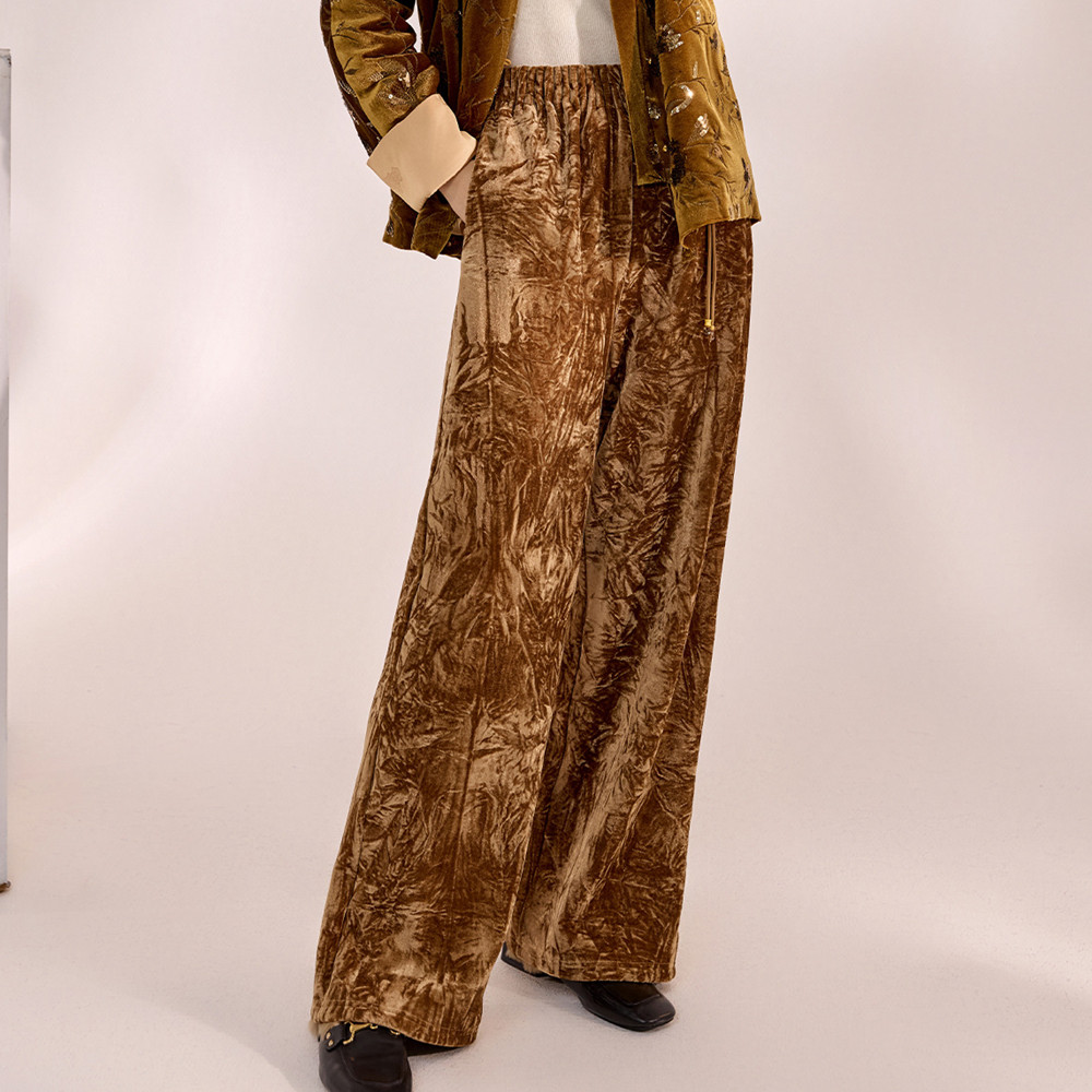 AYOMIS新中式吊坠丝绒垂感阔腿裤国风纯色松紧腰简约直筒裤长裤女,淘宝优惠券,粉丝福利购,淘宝优惠卷