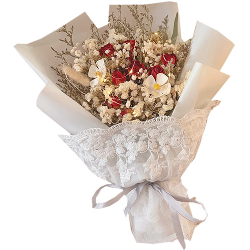 蕾丝满天星干花花束蔷薇玫瑰永生花清新ins毕业礼物送老师七夕节