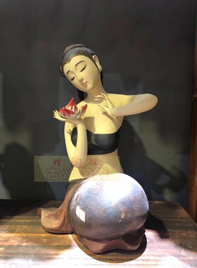 石湾公仔摆件陶瓷古典美女赏花