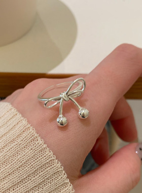 甜酷蝴蝶结戒指女简约几何线条绳结S925镀银开口指环小众食指戒潮