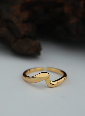 波浪弯曲缠绕戒指女简约冷淡风金银撞色S925镀银开口指环食指戒潮