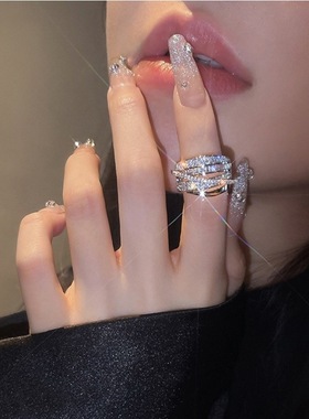 轻奢风闪亮戒指女简约线条交叉气质宽边S925镀银开口指环食指戒潮