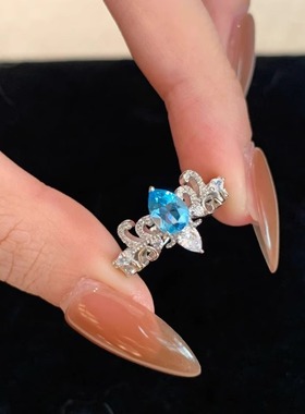 复古新中式蓝眼泪皇冠水滴戒指女中古气质精致开口指环小众食指戒