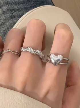 精致叠戴戒指女百搭时尚个性创意爱心S925镀银开口指环ins食指戒