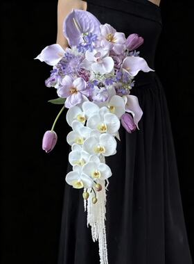 紫色瀑布手捧花仿真花高级新娘结婚当天摄影拍照假花束保湿玫瑰花