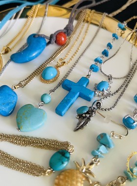 日本70年代天然绿松石镀金银花朵十字架中古项链耳针耳夹套装Y13