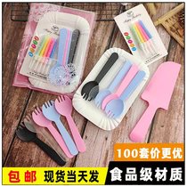 Birthday Cake Cutlery Disposable Plastic Knife Fork Dish Candle Suit Baking Paper Tray Dinner plate Sub-set of a set of cones