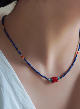 原创「万福齐临」新中式天然青金石朱砂项链女s925银 即将涨价