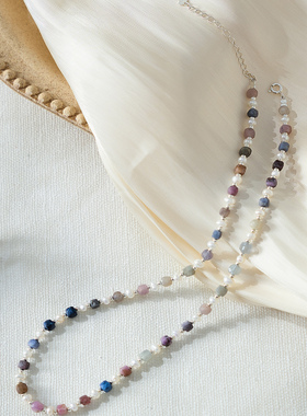 天然红蓝宝彩色多巴胺珍珠项链