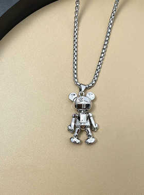 日本MUJIΕ钛钢项链男潮牌暴力熊吊坠嘻哈个性百搭小众设计数码熊