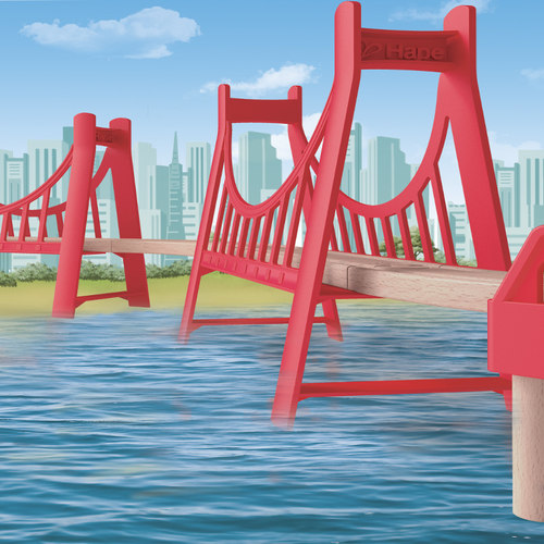 Hape火车轨道配件宏伟双吊桥3-6岁儿童益智玩具宝宝轨道配件模型 - 图0