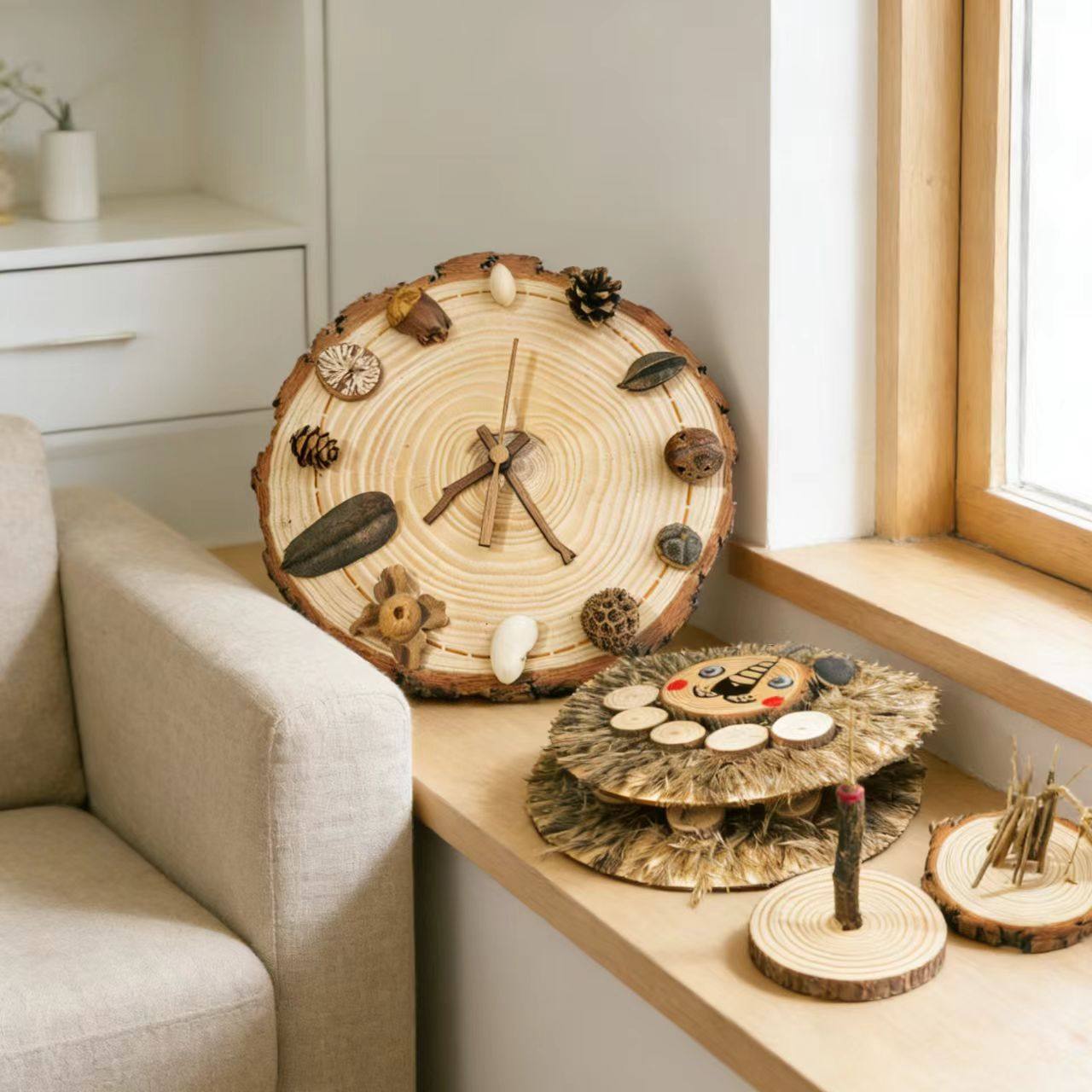 植物时钟手工DIY材料包创意圆木片胡桃木指针种子果实装饰品木钟,淘宝优惠券,粉丝福利购,淘宝优惠卷