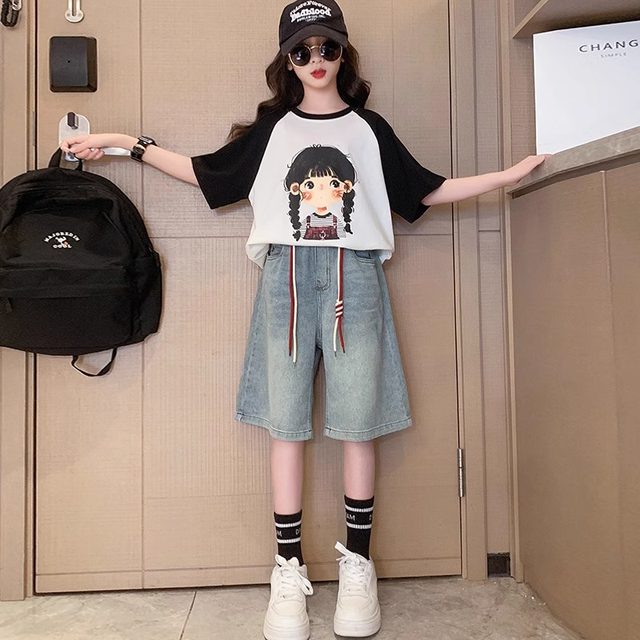 ຊຸດ denim ເດັກຍິງ summer ຊຸດ pants ແຂນສັ້ນສອງສິ້ນ