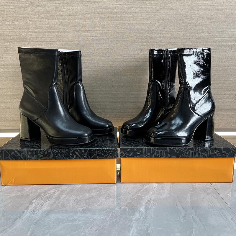 俄罗斯~真皮高跟短靴2025秋冬新款外贸漆皮粗跟防水台增高瘦瘦靴 - 图0