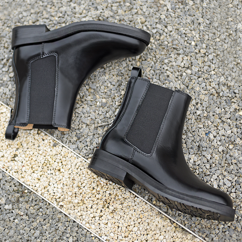 潘暇切尔西靴真皮粗跟后拉链短靴黑色粗跟橡筋靴 大码女鞋41-43靴 - 图1