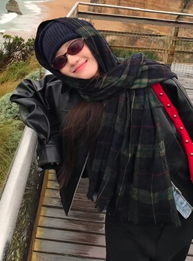 韩国东大门蓝绿色复古格子围巾女