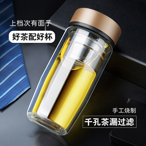 双层玻璃杯男商务水晶杯保温隔热泡茶杯过滤个人杯子便携车载水杯 - 图1