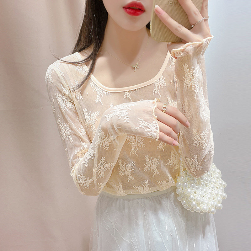 透明低领蕾丝打底衫女长袖薄款毛衣内搭小衫透视网纱上衣春秋冬季,淘宝优惠券,粉丝福利购,淘宝优惠卷