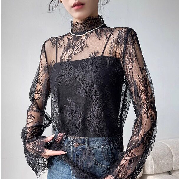 ເສື້ອຢືດ lace bottoming ໂປ່ງໃສສໍາລັບແມ່ຍິງເຄິ່ງຫນຶ່ງ turtleneck gauze eyelash