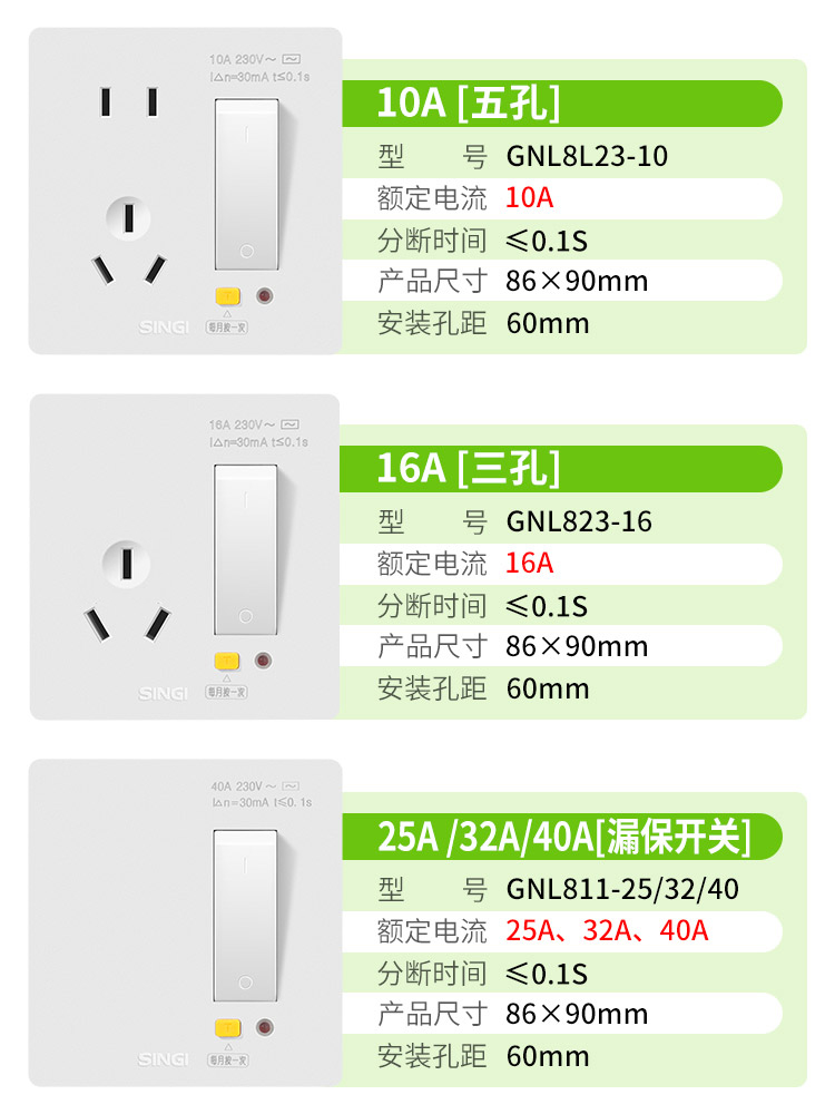 正品信基空调漏电保护开关86型空调空开插座家用220V 32A漏保可明