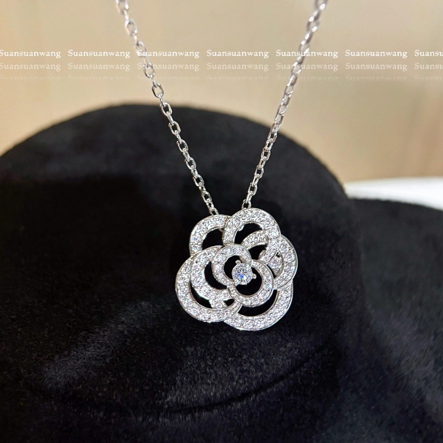 「Camelia」高定！满钻山茶花项链耳钉耳环镂空新款925银奢华珠宝,淘宝优惠券,粉丝福利购,淘宝优惠卷