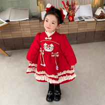 Girls autumn winter one-piece dress plus suede Winter Childrens princess skirts Chinese red dragon year baby New Years New Years clothes