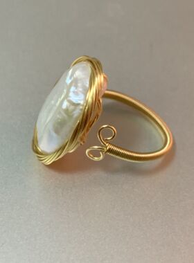 白色流光～手工制作天然巴洛克珍珠戒指开口圈高级独特14K镀金