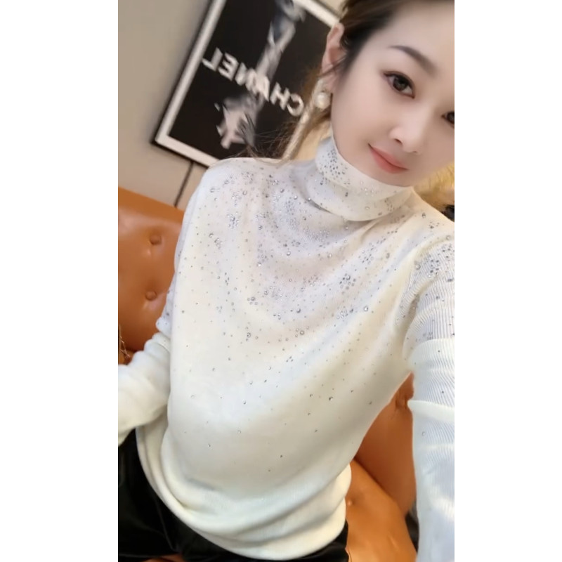 秋冬款修身高领针织衫长袖女欧货重工烫钻内搭毛衣打底衫洋气上衣 - 图0