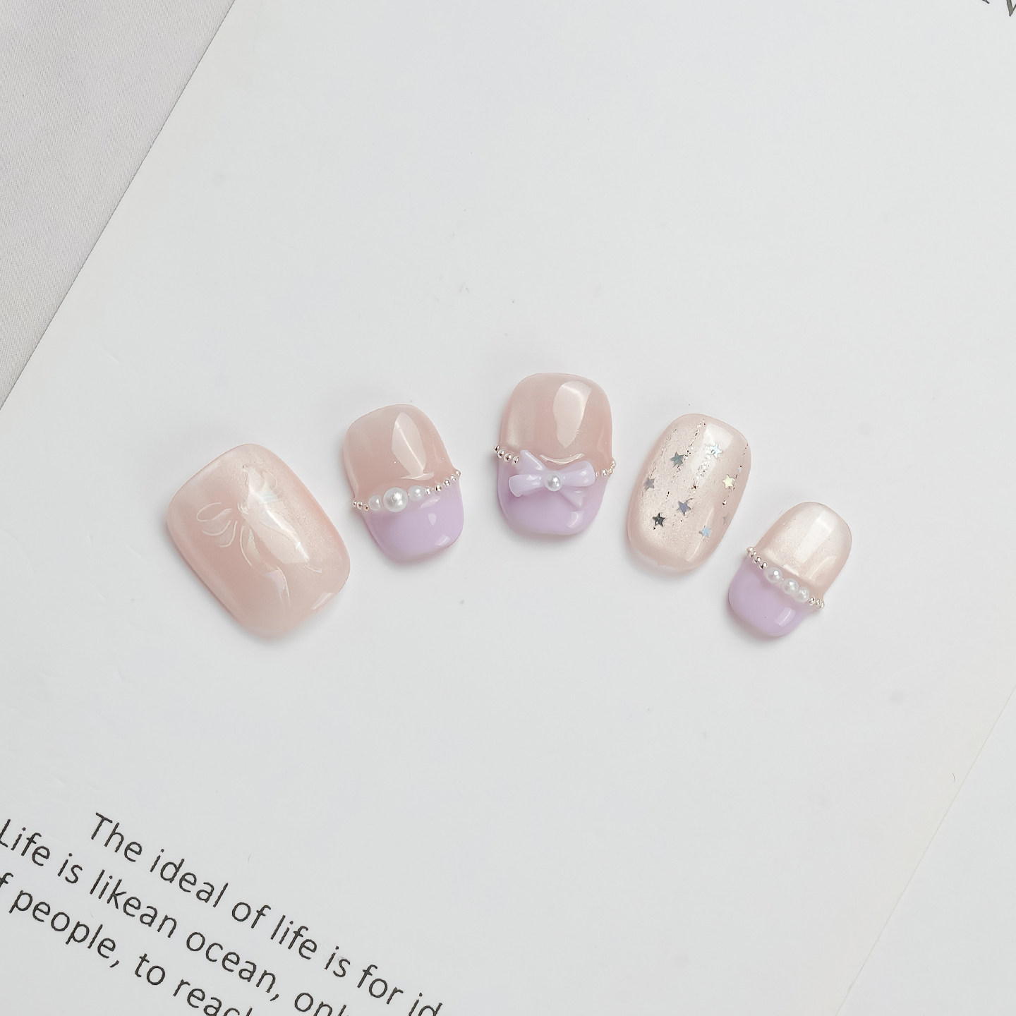 手工穿戴甲裸粉色猫眼法式紫色手绘蝴蝶结穿戴美甲成品指甲贴短款,淘宝优惠券,粉丝福利购,淘宝优惠卷