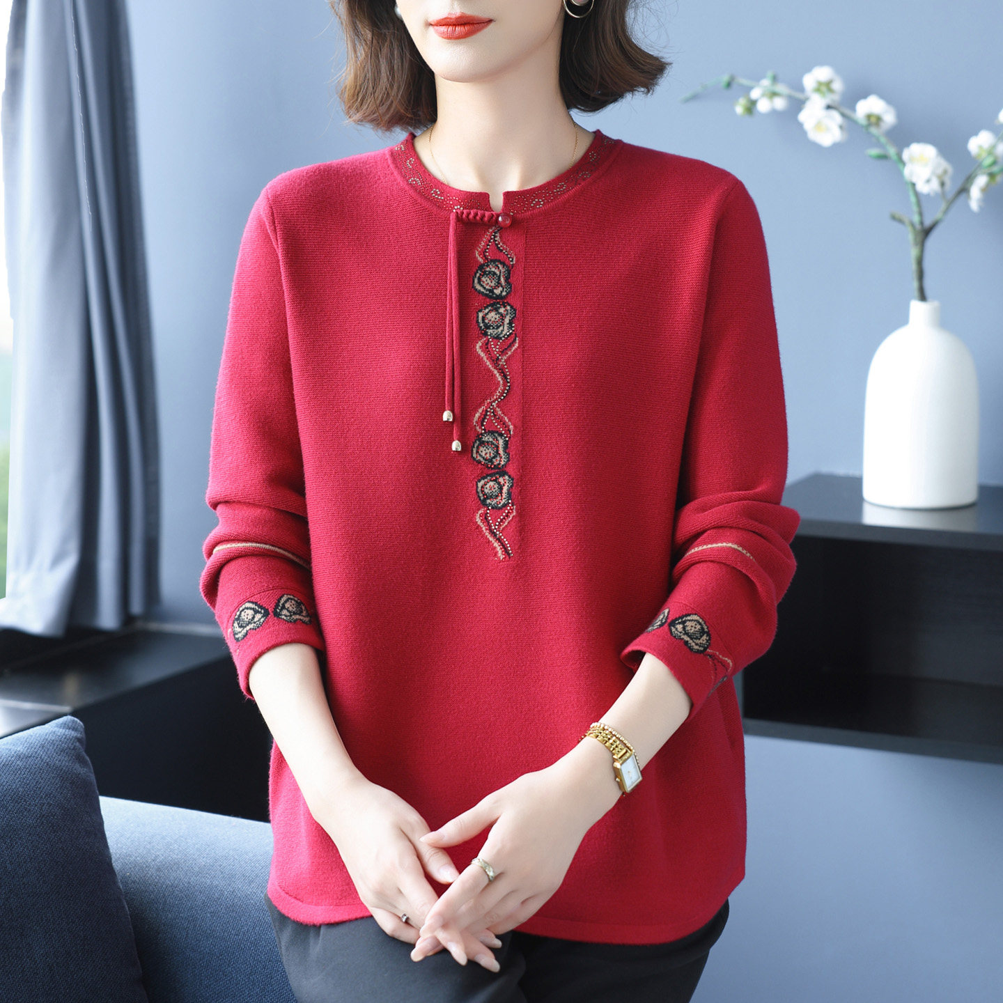 洋气中老年妈妈秋冬新中式羊毛衫加肥加大码女装宽松遮肚羊绒上衣,淘宝优惠券,粉丝福利购,淘宝优惠卷