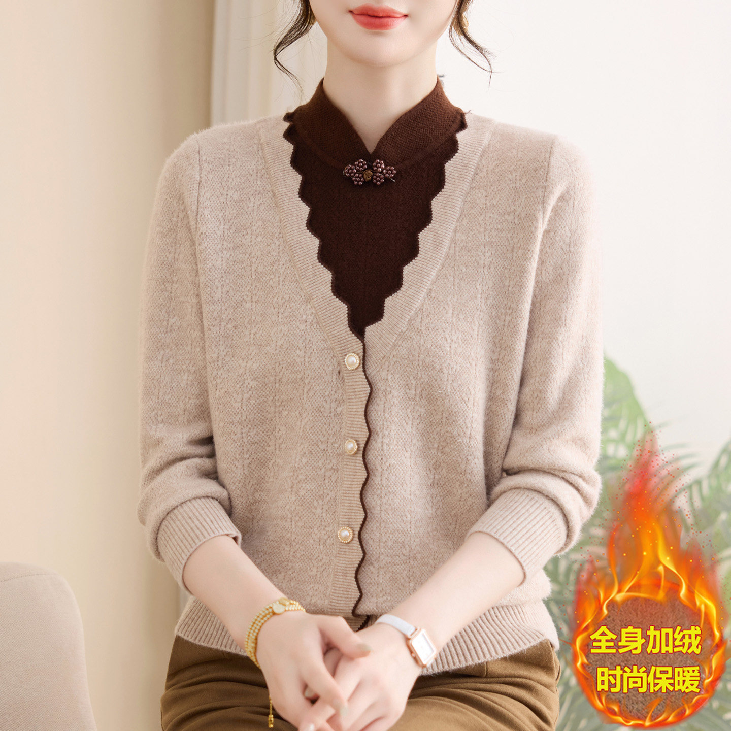 新中式假两件加绒厚毛衣女中老年妈妈加肥特大码立领一体绒针织衫,淘宝优惠券,粉丝福利购,淘宝优惠卷