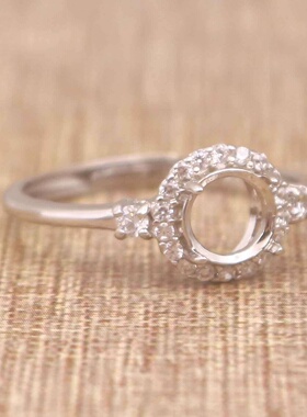 圆形925银戴妃款戒指空托围锆代裸石镶嵌18k金多规格戒指空托活口