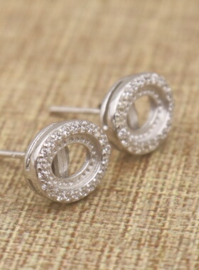 蛋形925银戴妃款耳钉空托围锆代裸石镶嵌18k金多规格耳钉首饰空托