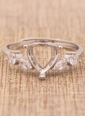 5-10mm心形925银戴妃款戒指空托围锆代裸石镶嵌18k金戒托活口