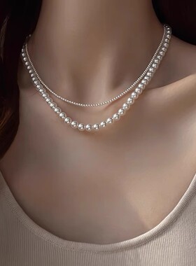 施家珍珠项链女双层叠戴颈链