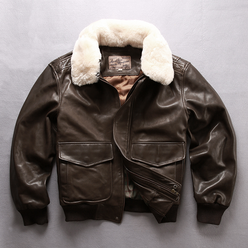 AVFLY男士真皮皮衣 羊毛领A2飞行服夹克进口绵羊皮皮衣男加大外套 - 图0