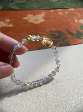 拈花记 天然黄水晶糖块搭配天然拉长石灰月光石手串小众 碧玺纯银