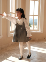 Yoki Home Child dress girl Thousand Birds Gge Butterfly Knot neckline High support cotton white shirt High waist brace Pleura Skirt