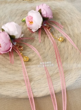 国风汉元素发饰仿真绢花飘带头饰少女甜美盘发侧边夹古装配饰粉色