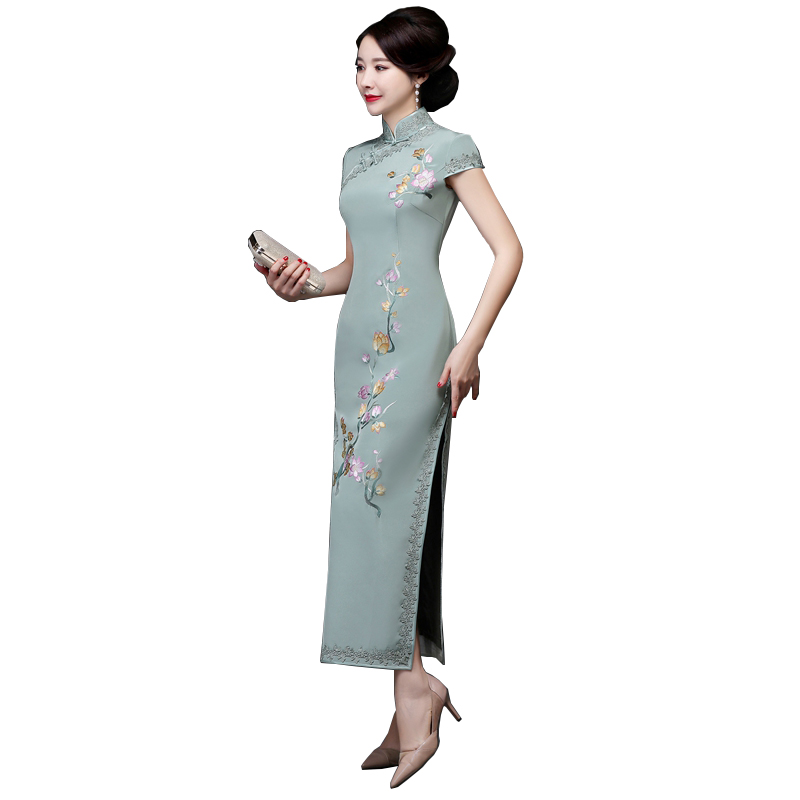 Silk long elegant elite cheongsam, with embroidery, custom made Silk long elegant elite cheongsam, with embroidery, custom made